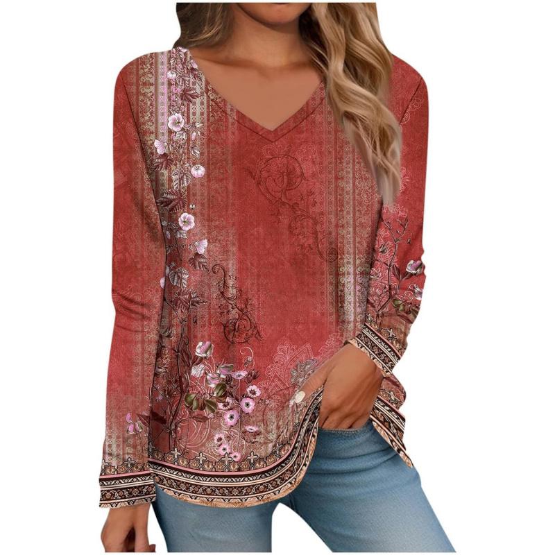 Women's V-neck Long Sleeve T-shirt with Print V-neck Top