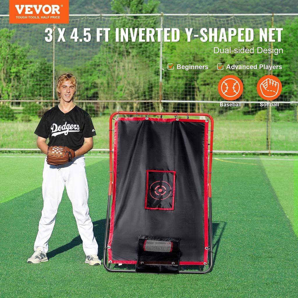 VEVOR Baseball And Softball Rebounder Net, 3.5 x 4.5 ft 2-in-1 Switch Hitter Pitch Trainer, PitchBack Baseball Pitching Return Trainer Nest