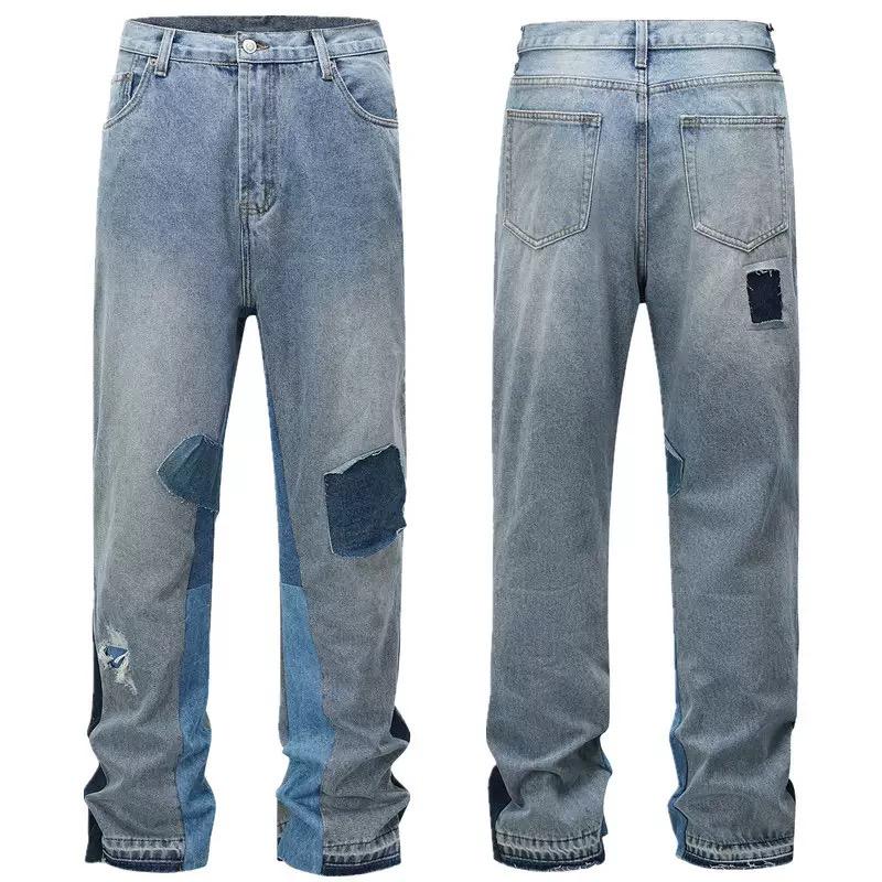 RogueWave High Street Straight Washed Dirty Ripped Blue Jeans Pants for Men Vintage Casual Loose Denim Trousers Frayed Patchwork Cargos