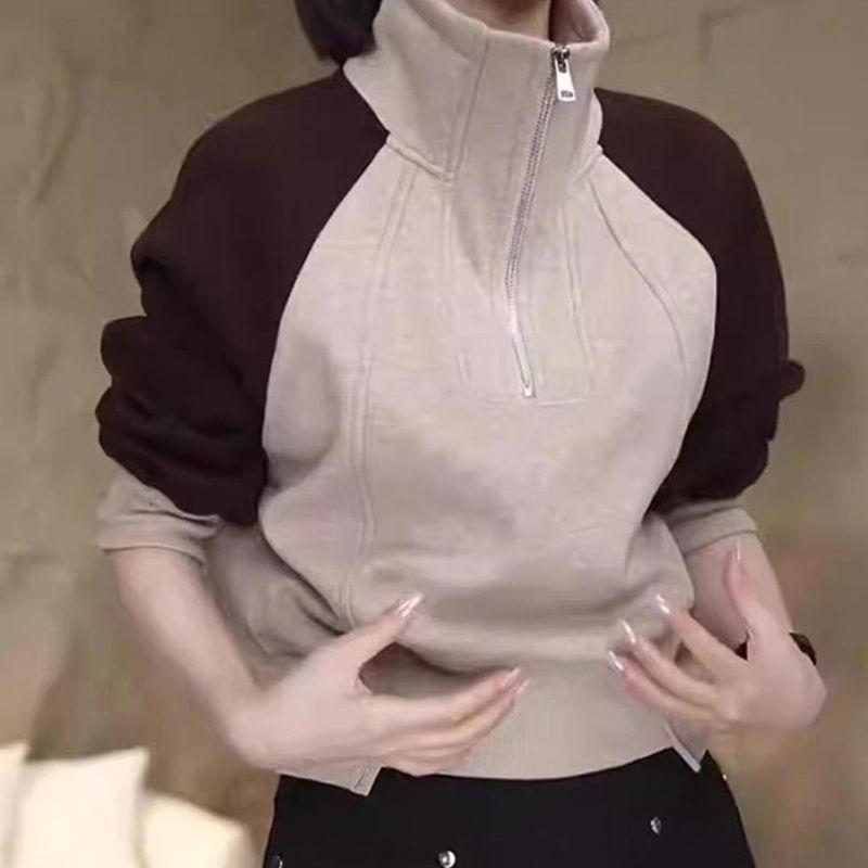 Half Zip Stand Up Collar Splicing Pullover Hoodie for Women's Autumn and Winter Fashion Short Top