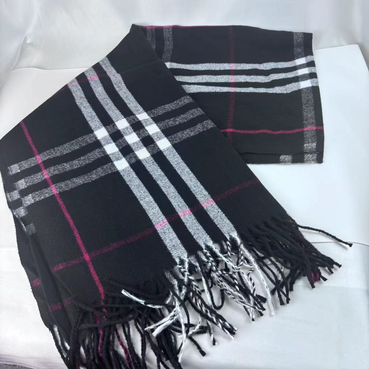 Écharpe Plaid Cachemire Chauffe-Cou Chaud Mode Style Japonais Coréen Frangée Automne Hiver Écharpe Châle One Size noir