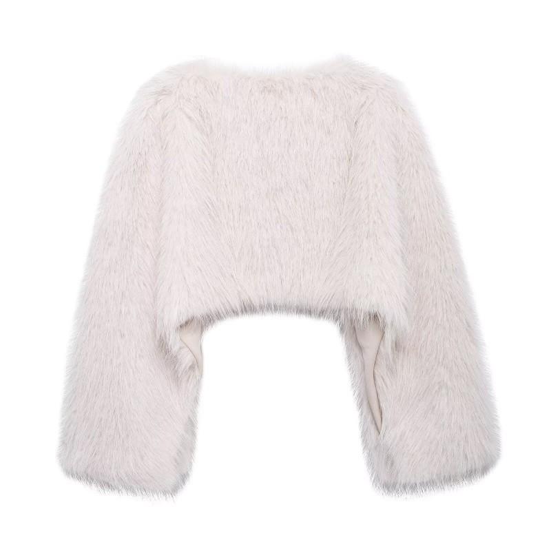 Eco-Friendly Faux Fur Short Coat Women Winter Streetwear Round Neck Long Sleeve Outerwear In Beige Black