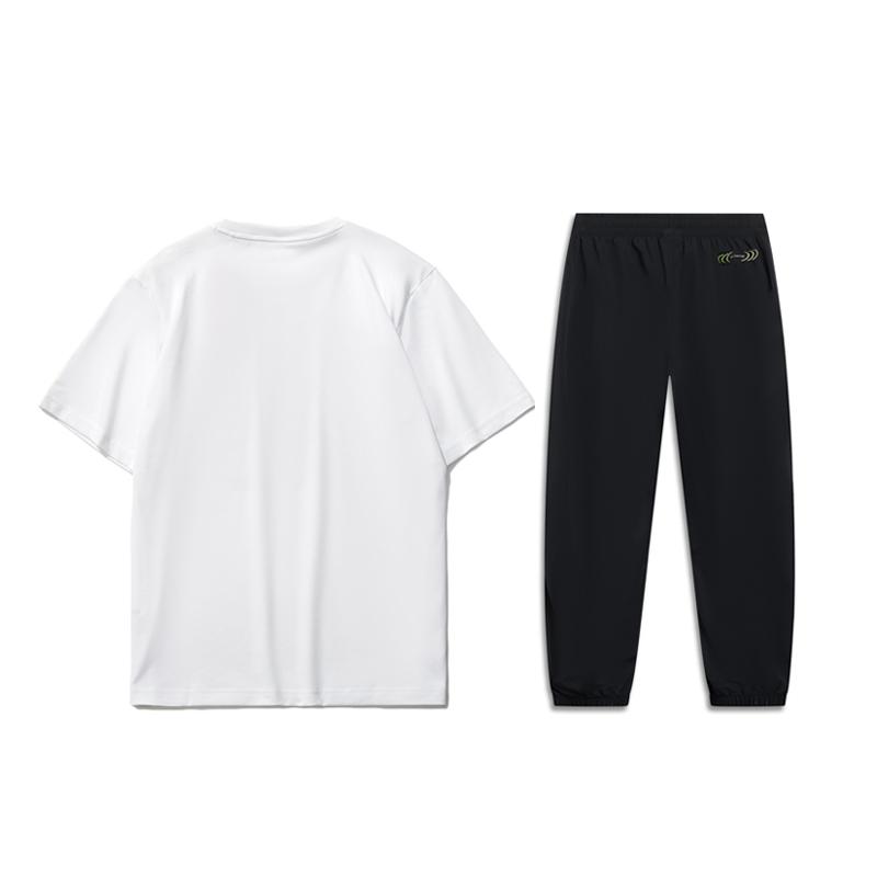 Li Ning Logo Print T-Shirt And Cuffed Pants Casual Sports Set Men sets White Black AHST469-1+AYKT415-1