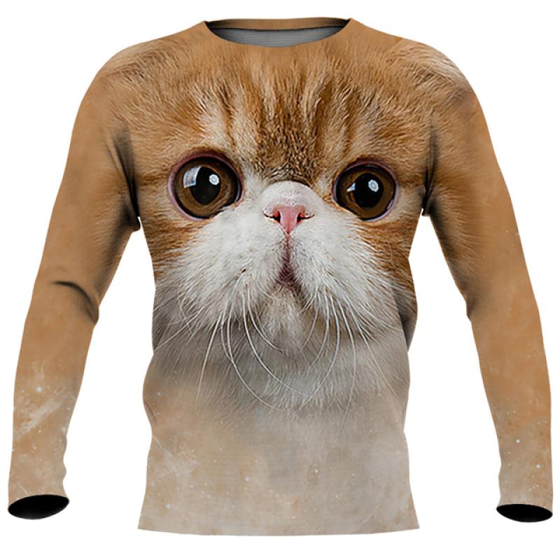 Cute Cat Print Imitation Cotton Long Sleeve Men's T-shirts Spring O-Neck Casual Loose Tee Streetwear Unisex Clothing EU Size 5XL