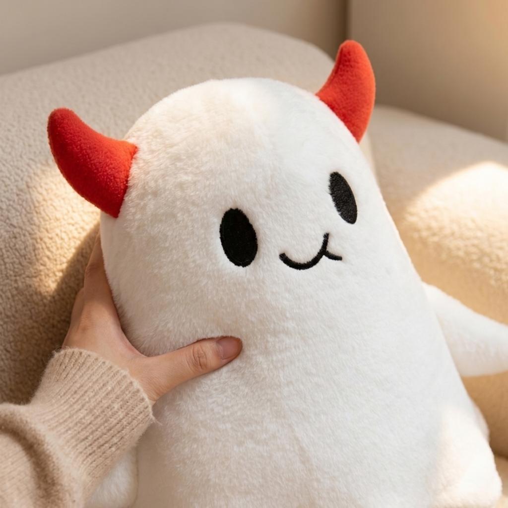 Plush Ghost Toy Soft Stuffed Animal Plushie with Devil Horns and Embroidered Face for Kids and Collectors Halloween Gift
