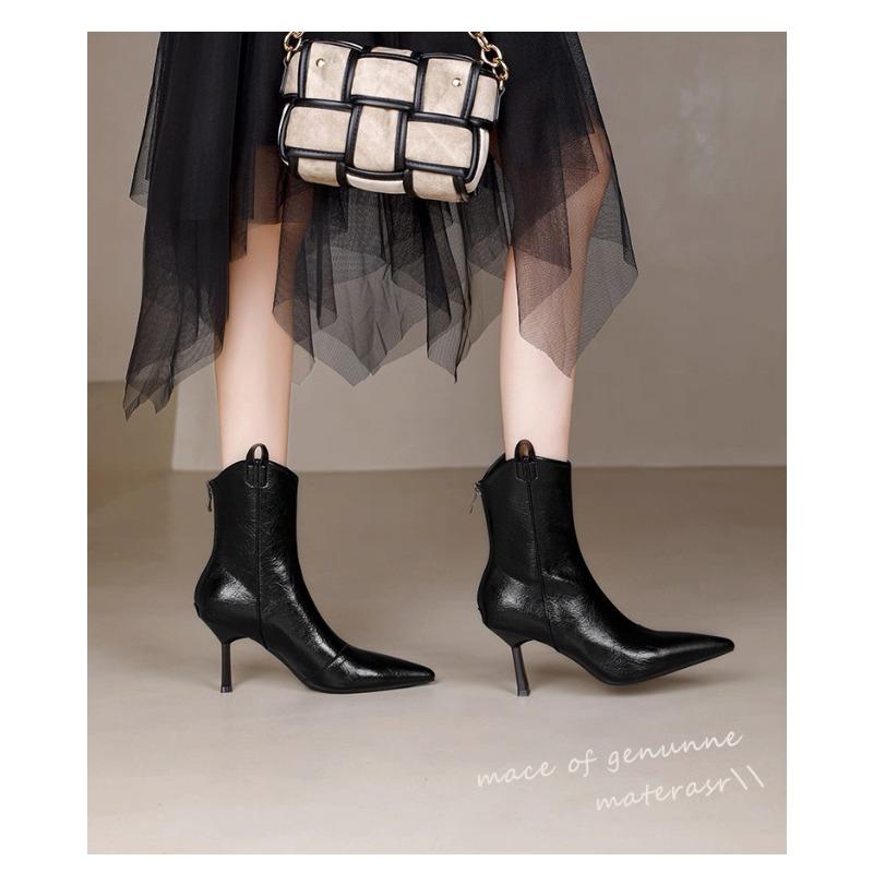 High-heeled stiletto shoes women's autumn and winter new stiletto women's short boots rear zipper leather boots pointed brown slim boots