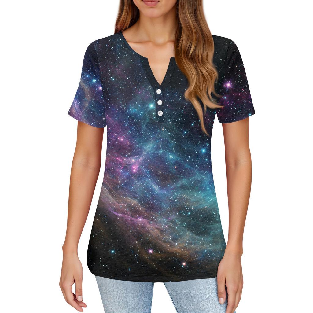 Women's T Shirt Print Button Short Sleeve Daily Weekend Fashion Basic V, Neck Regular Top