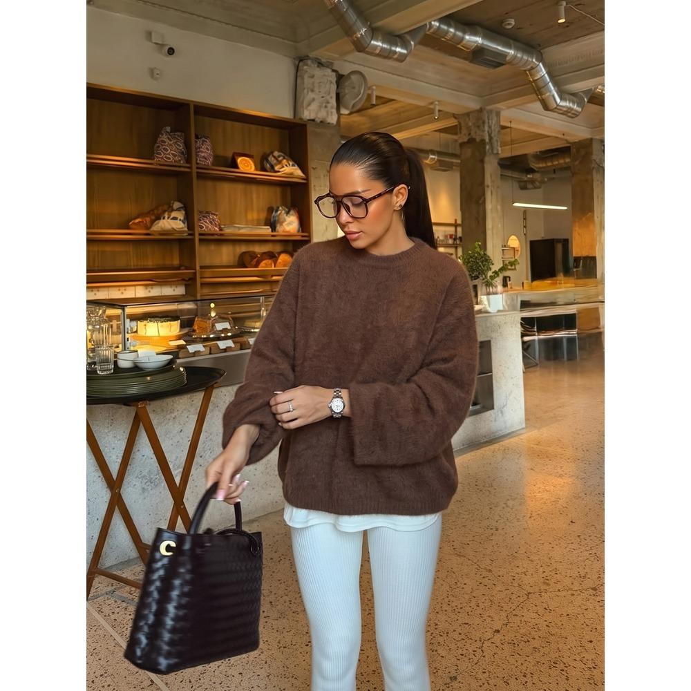 Fauler Stil Rundhals Faux Nerz Pullover Damen Frühling Herbst Locker Gestricktes Oberteil Premium Langarm Pullover