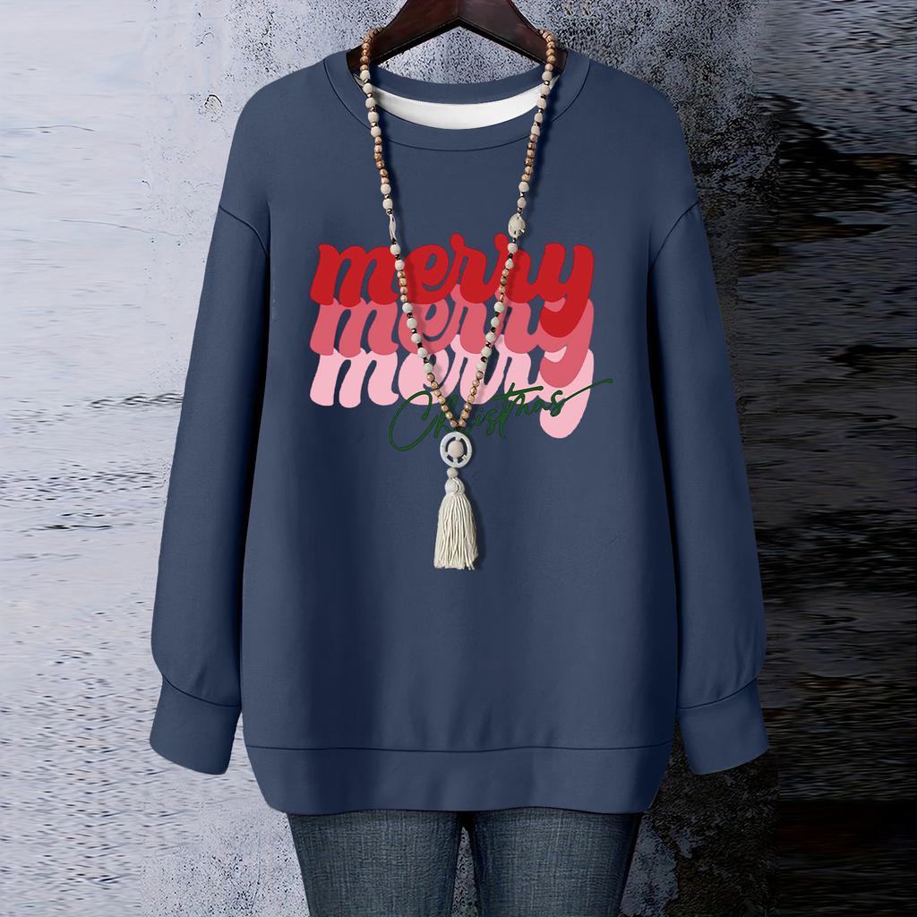 Ladies' Christmas Printed Round Neck Long Sleeved T-shirt Sweatshirt Top