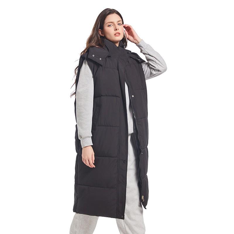Womens Long Puffer Vest Over-Knee Warm Hooded Sleeveless Coat With Drawstring Waist