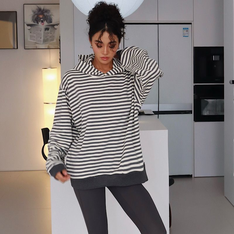 

[Stripe Hoodie] New Solid European and American Gyaru Hood Long sleeve Stripe Hoodie Outerwear Top Grey apricot 2XL