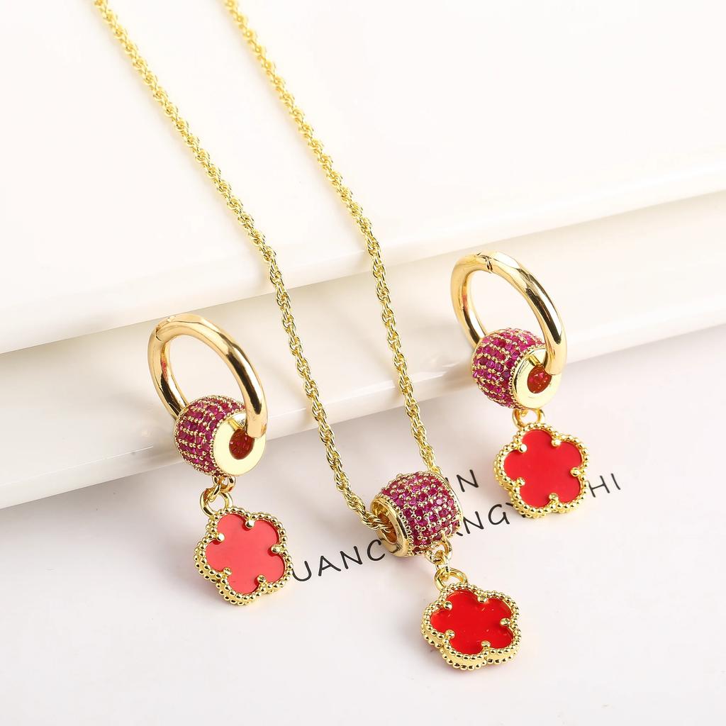 Luxury shiny Zirconia Earrings for women Fashion Five-leaf Flower Earrings Necklace set Classic women's party jewelry Shamrock