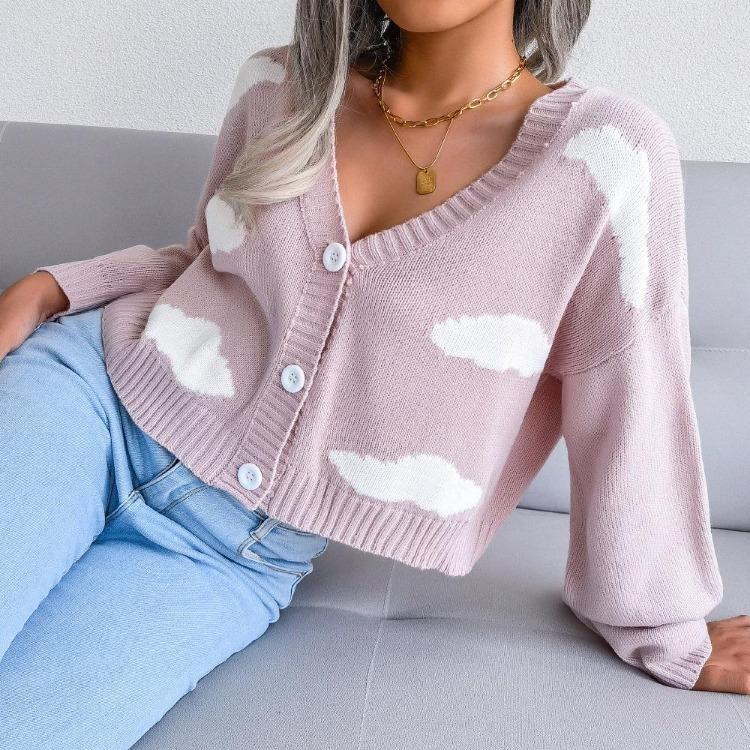 Women Autumn Winter Knitted Cardigan Long Sleeve V Neck Printed Single Breasted Sweater
