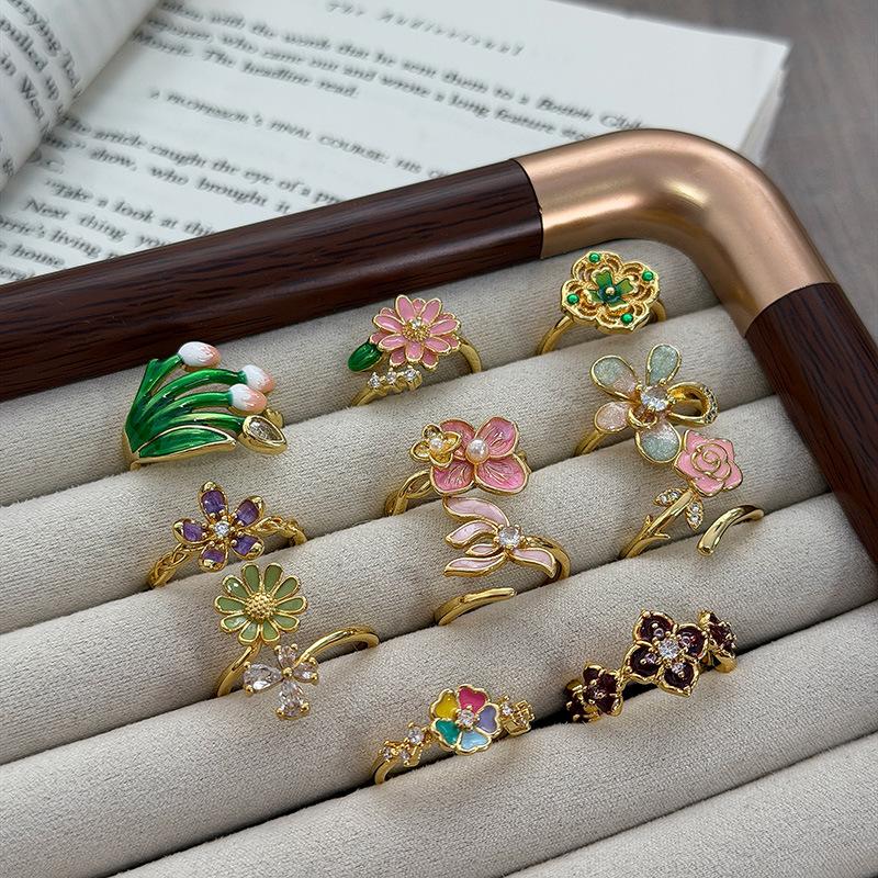 Sweet Stacked Enamel Dripping Oil Flower Temperament Open Ring Women'S Fashion Niche Design Sense Light Luxury Ring