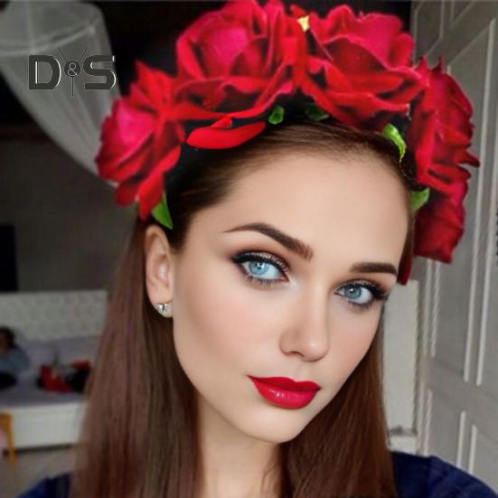 Rose Headband Handmade Hair Hoop with 5 Artificial Roses High Elastic Design Bohemia Style Hair Hoop Festival Decor