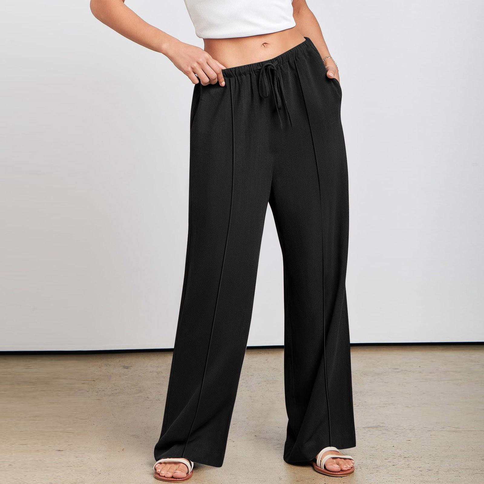 

Женские повседневные модные однотонные хлопковые льняные повседневные брюки, широкие брюки, спортивные штаны с карманами M чёрный