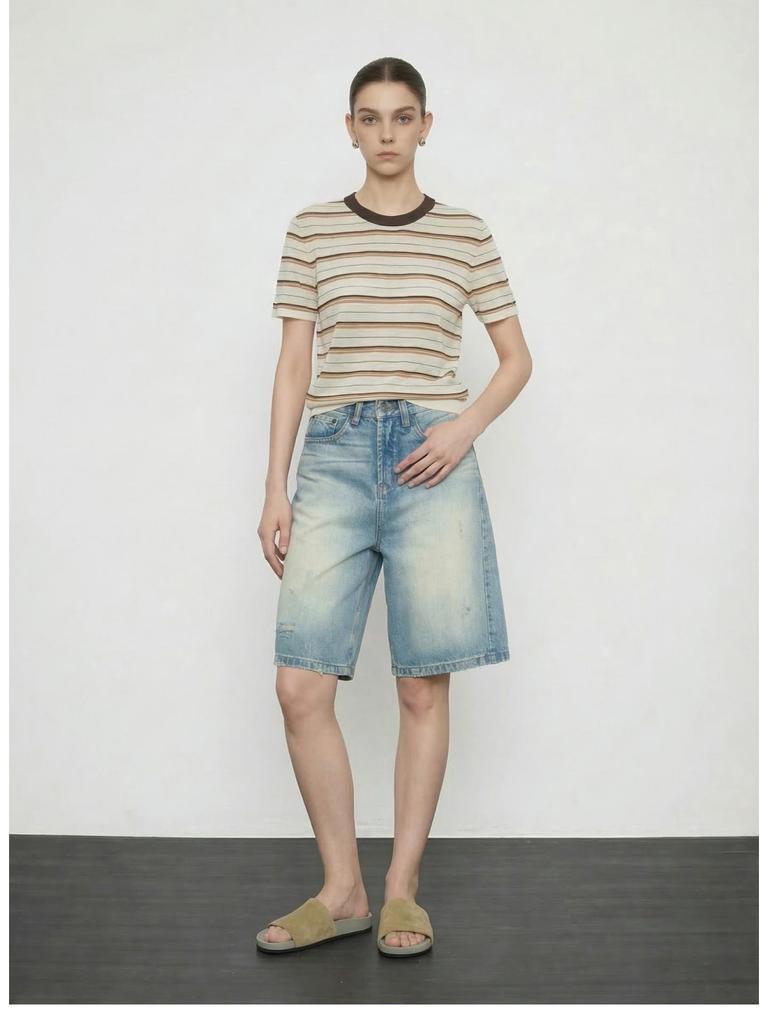 JOCORBEI Retro Ripped Cotton Distressed Straight Denim Shorts (Spring 2026)