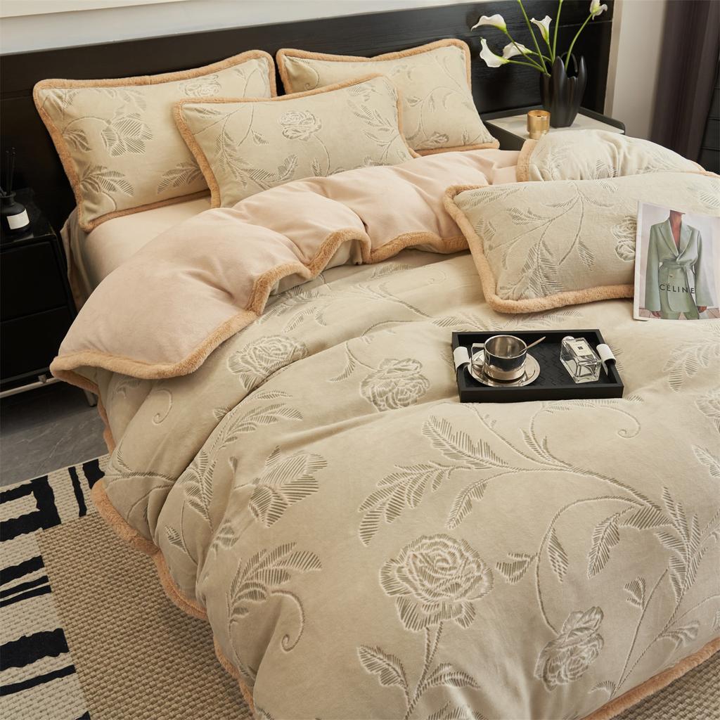 Maternal And Infant Grade Thickened Milk Fleece Four-Piece Set Antistatic Warm Fleece Set Warm Carved Fleece Quilt Cover Bedding