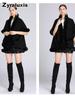 Women's Oversized Knit Poncho with Rabbit Fur Collar with Sherpa Lining for Fall Winter