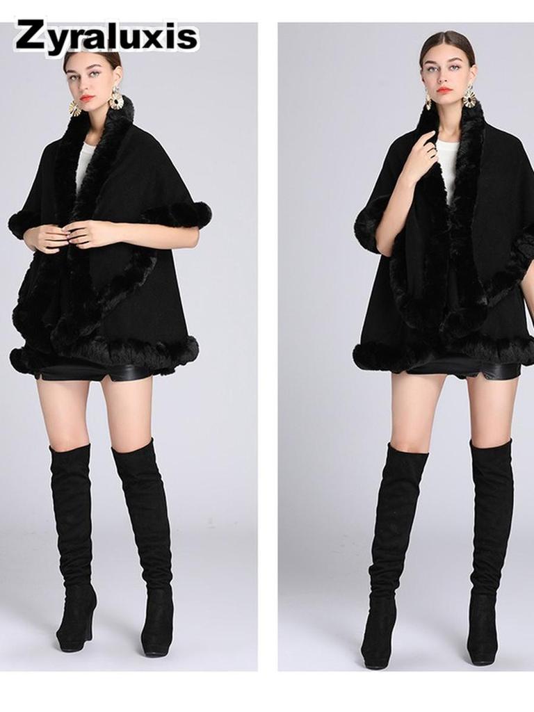 Women's Oversized Knit Poncho with Rabbit Fur Collar with Sherpa Lining for Fall Winter