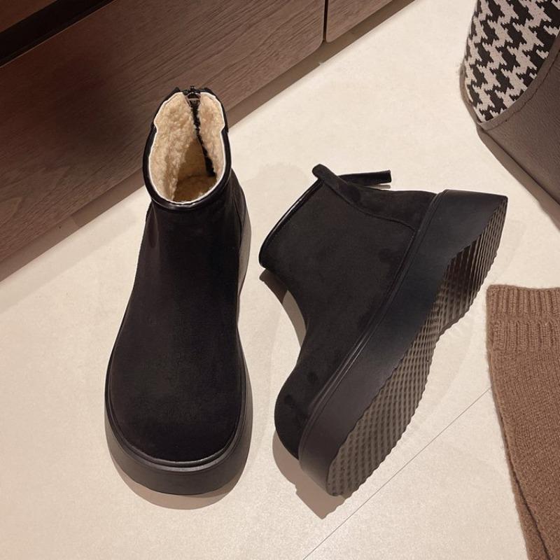 Vintage Chunky Fur Lining Women Snow Boots Comfort Platform Flats Warm Cotton Short Booties Winter Women's Plush Shoes