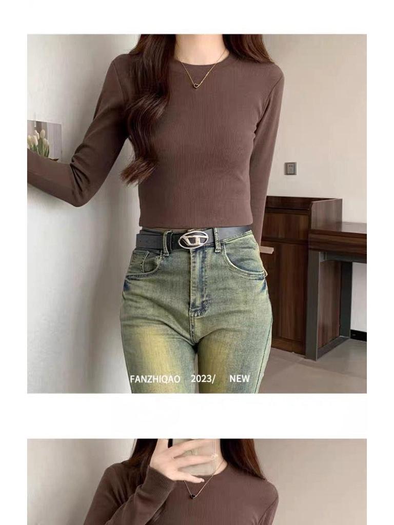 Burgundy Spicy Girl Long Sleeve Slimming T-Shirt for Women - Straight Shoulder, Autumn/Winter Style.