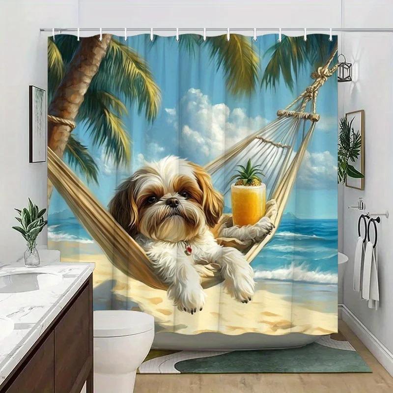 1Pc Shih Tzu Dog Shower Curtain - White & Brown, Hammock On Tropical Beach, Palm Trees & Ocean, 70.8X70.8", Polyester, Washable