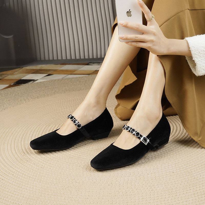Retro Square Head with Rhinestone Shoes Thick Middle Heel Suede Mary Jane Shoes 2025 Heightened Autumn and Winter New Models