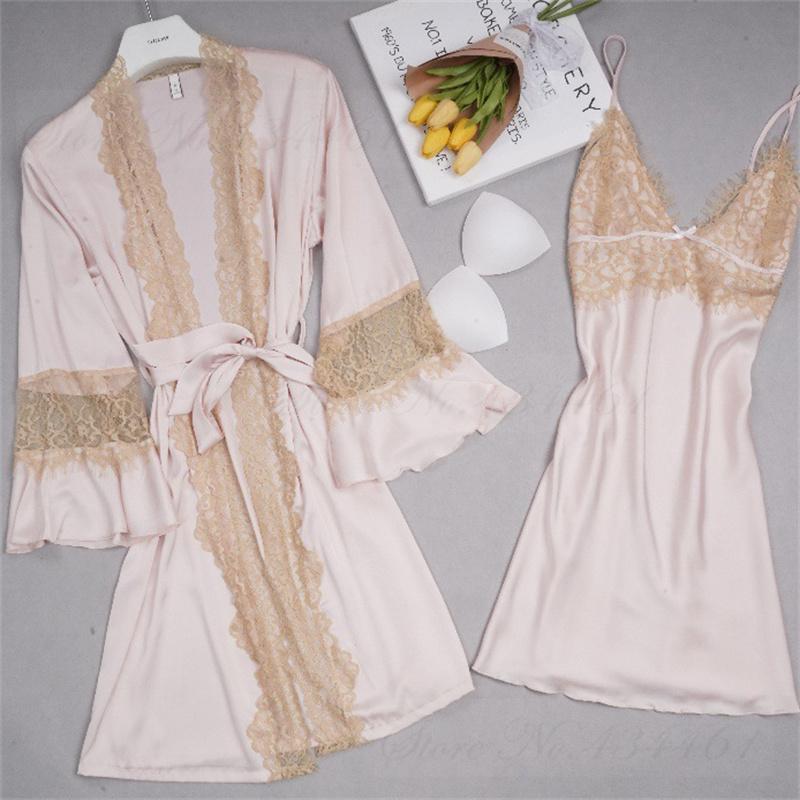 

Весна-лето Женская пижама Кимоно Халат Платье Белое кружевное свадебное платье Комплект ночная рубашка Свободное атласное домашнее платье Одежда для отдыха M