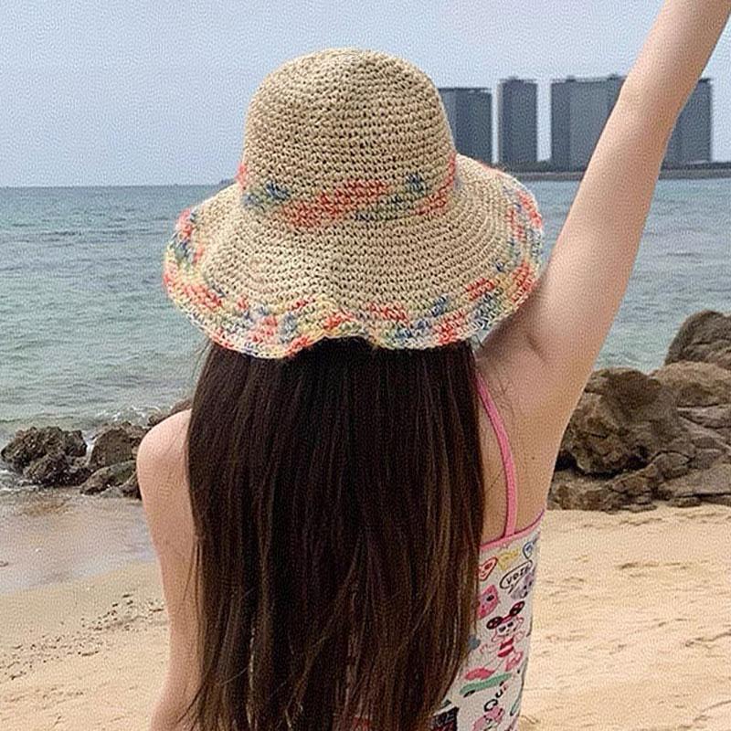 Women's Summer Foldable Sun Hat Floppy Travel Beach Cap Wide Brim Beach Bucket Hat with Colorful Woven Pattern