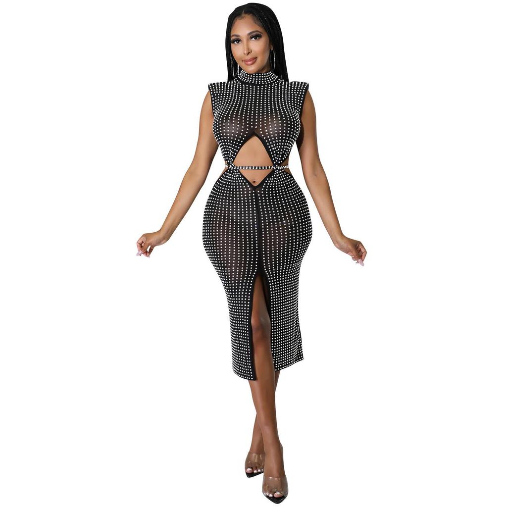 Damen Sexy Netz Durchsichtig Heißer Strass Hohl Schlitz Kleid C5796