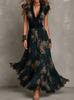 Europe, America, Hot-selling Pastoral Bohemian Print Collar Long-sleeved Dress