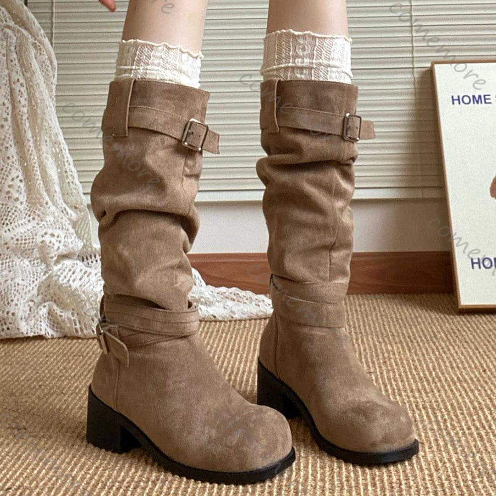 Comemore Plateforme Talon Épais Femmes Bottes Western Cowboy à Enfiler Pliées Pile Bottines Longues Chaussures Féminines Automne Hiver