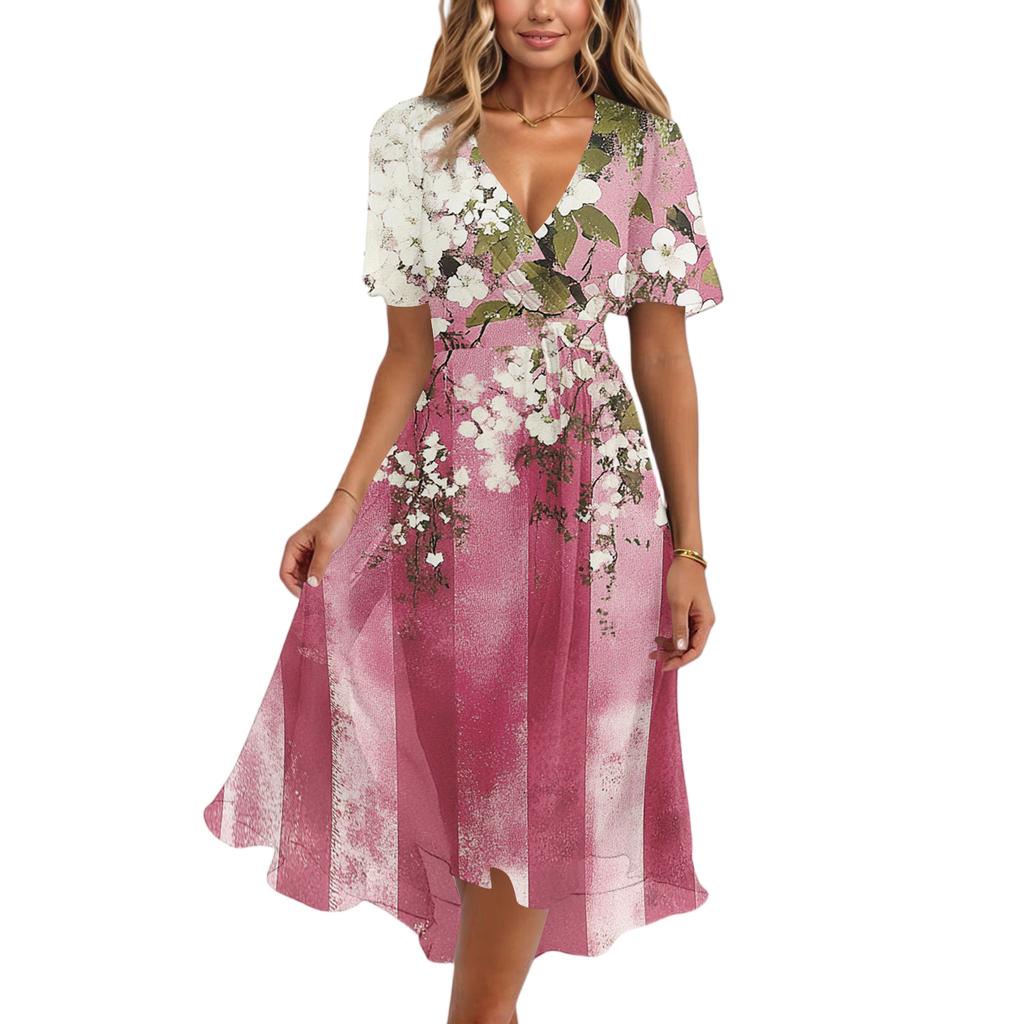 Women’s V Neck Short Sleeve Midi Dress with Floral and Butterfly Print Flowing Hem Casual Fit