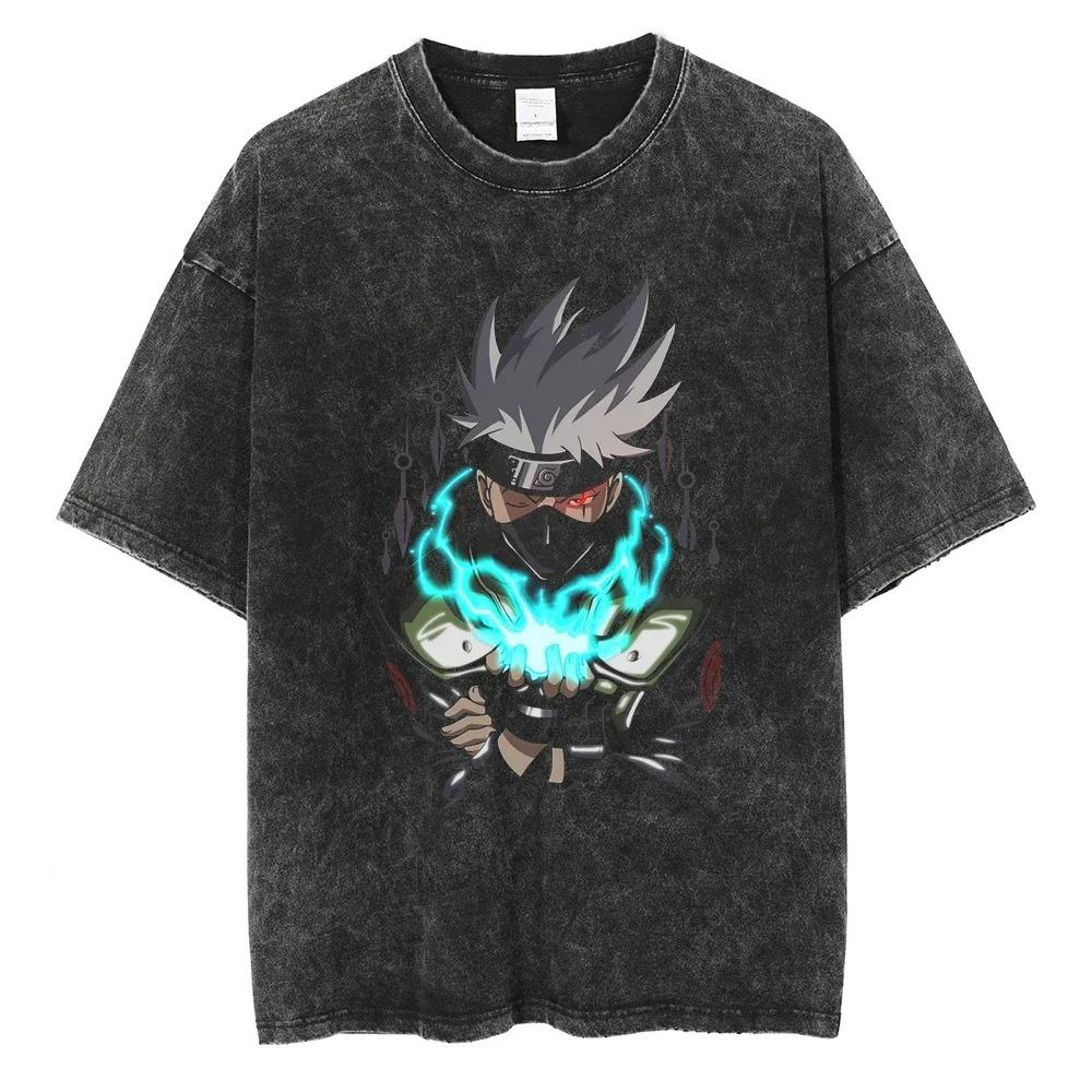 Men Short Sleeve T Shirt Naruto Anime Print Vintage T-Shirt Cotton Black Washed Oversized Tops Tees Fashion Harajuku Streetwear Clothing