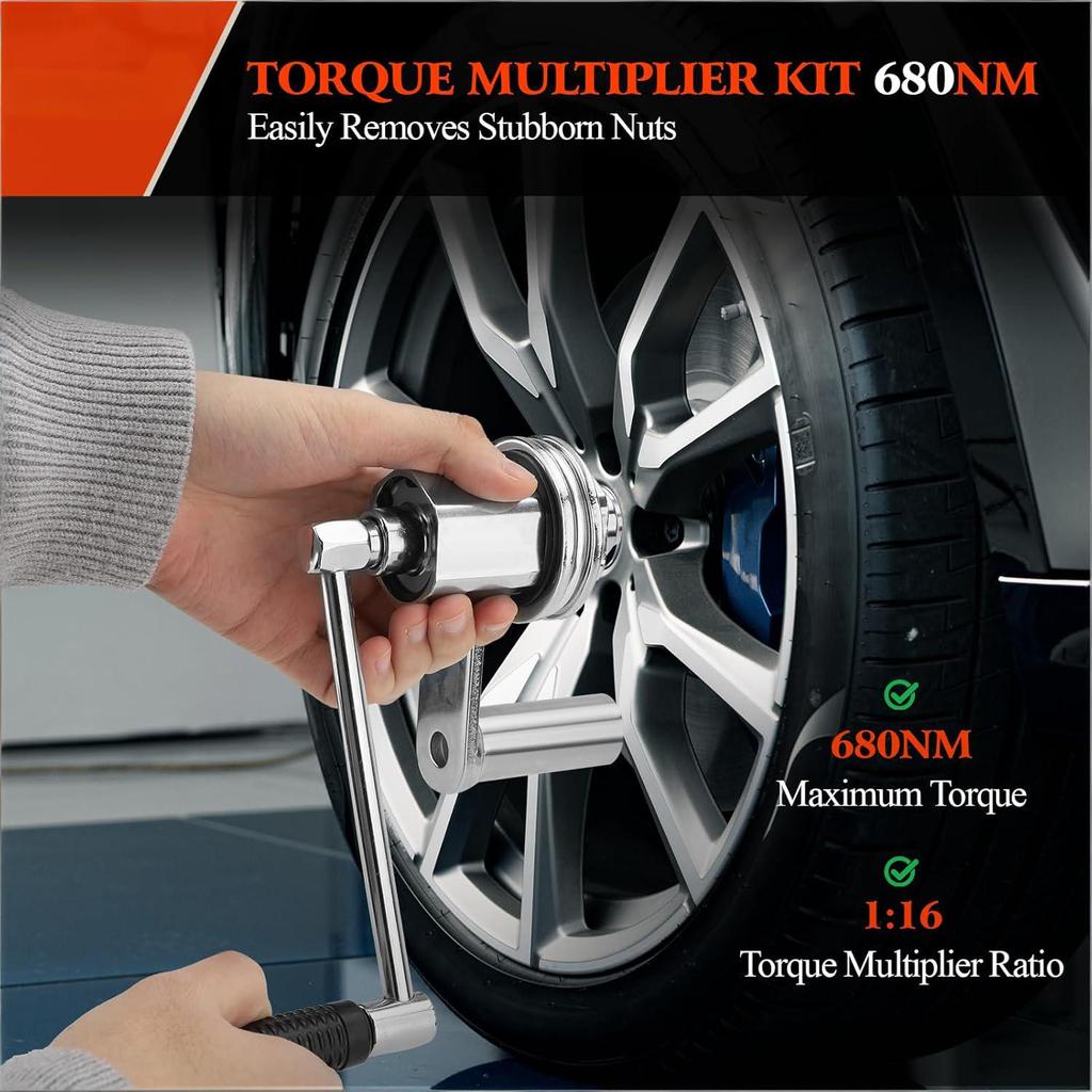 Torques Multiplier Wrench Kit, 1/2in Drive 1:16 Heavy Duty Lug Nut Remover. with 17 19 21 22mm Sockets, for Changing Tires