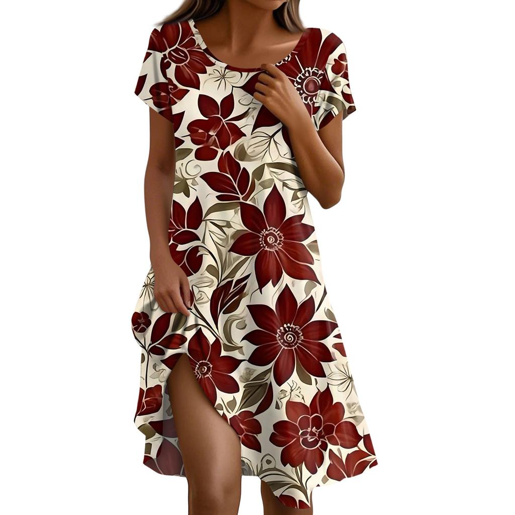 Short Sleeve Boho Dress For Women Casual Loose Fit Summer Sundress Floral Print Dress With Pockets