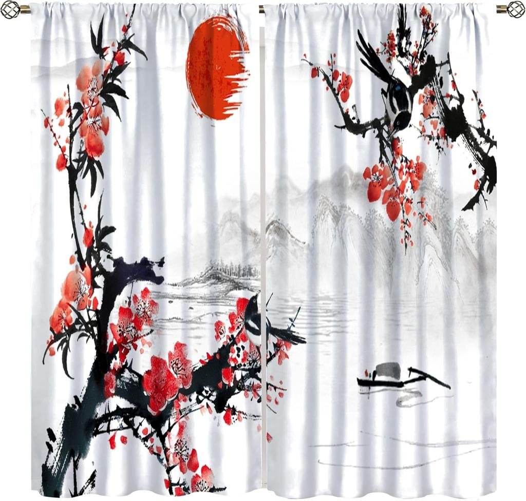 Japanese Style Blackout Curtain,Sea Wave Cherry Blossom Crane Ocean Bird Themed Watercolor Curta For Dining Room Cafe Living