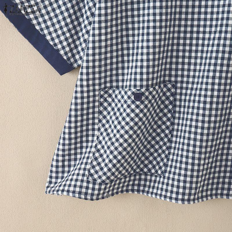 ZANZEA Damen Lässige Rundhals Kurzarm Karierte Print Bluse