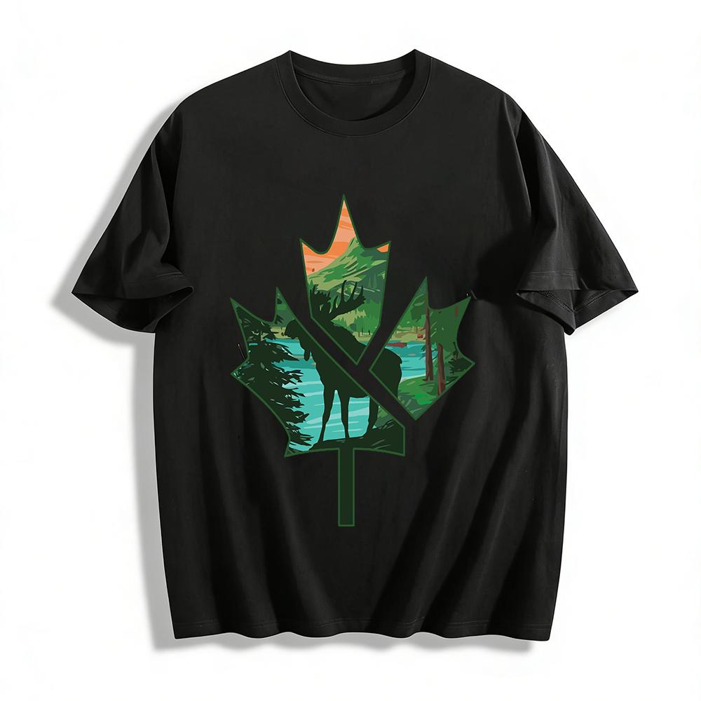 Canada Mountain Scenery Maple Leaf Silhouette Print Tee Pure cotton T-shirt XXS