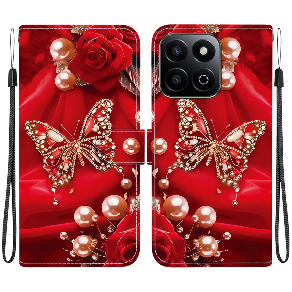 Handmade PU Leather Flip Case for Honor X7c Anti-Slip Shockproof Cover with Wrist Strap & Heart/Rose Cat Designs