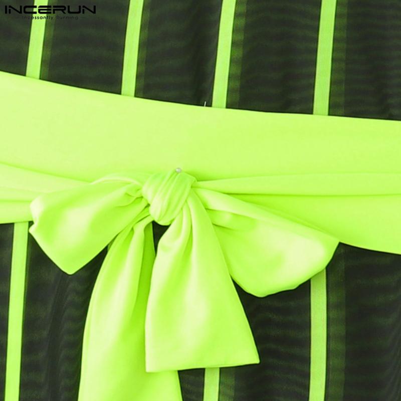 INCERUN Men Short Sleeve Mesh Sheer Patchwork Striped Party Club T-shirts Tops