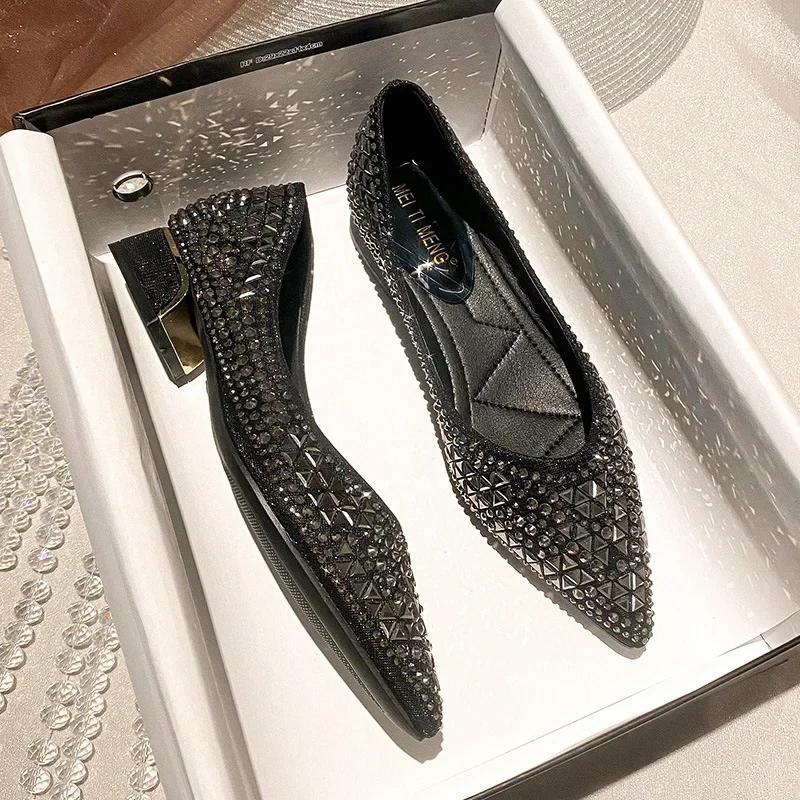 Sliver Rhinestone Ladies Shoes Sexy Red Sole Women's Autumn Full Drill Flat Shoes Large Size  Female Ballet Flat Shoes