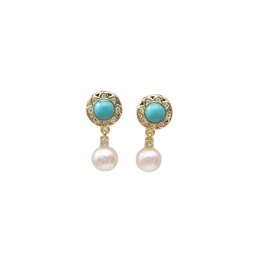 Zhuji Vintage Court Turquoise Freshwater Pearl Earrings with Micro-Paved Zircon