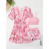Holiday Swimsuit Tropical Palm Leaf Printed Pink Elastic Flat Leg 3-Piece Swimsuit Strap Comfortable Casual Swimsuit, Short Slee
