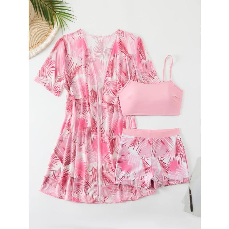 Holiday Swimsuit Tropical Palm Leaf Printed Pink Elastic Flat Leg 3-Piece Swimsuit Strap Comfortable Casual Swimsuit, Short Slee