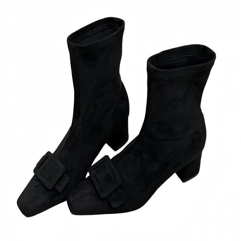 Damenstiefel mit quadratischer Schnalle, Wildleder, dünnem Absatz, Seitenreißverschluss, kurze Stiefel, Damen-Hochstiefel, schlanke Beine, hoher Schaft, elastische dünne Stiefel