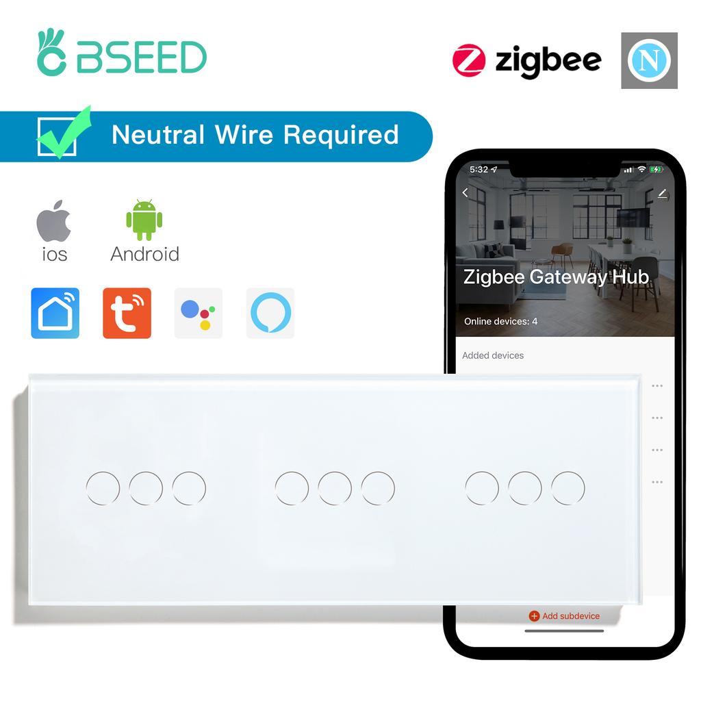 BSEED Zigbee 1/2/3Gang Touch Switches 1/2/3Way Tuya Smart Life App Control With UK Sockets Glass Panel Neutral Version White