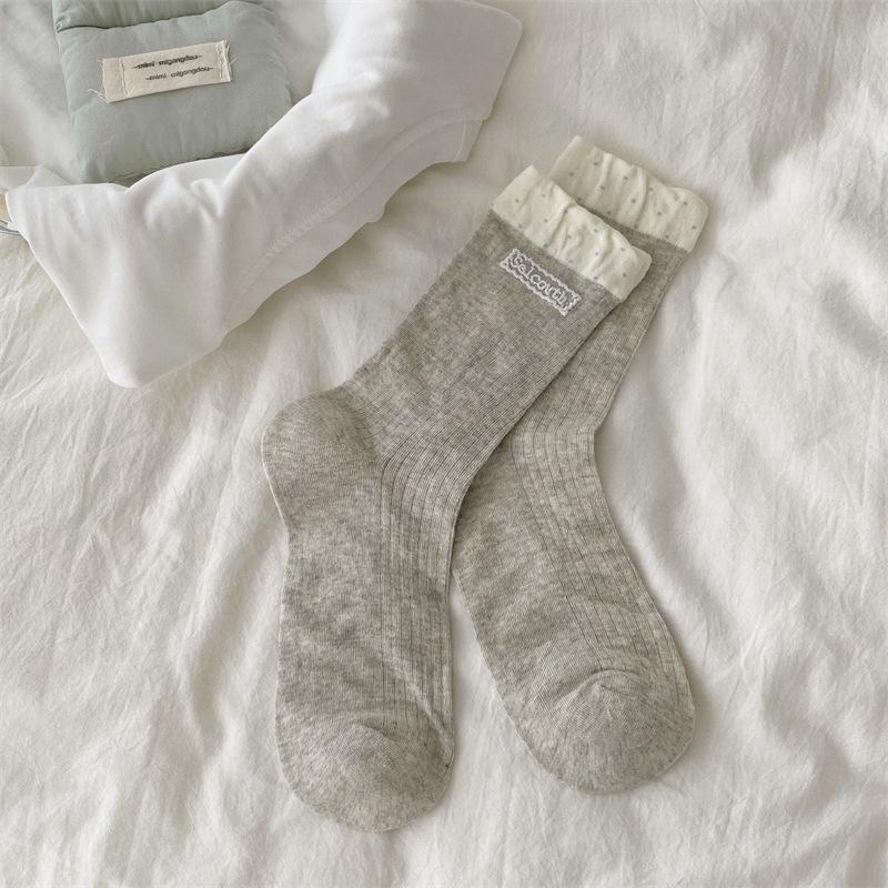 

Женские весенне-летние тонкие кружевные носки-гольфы из дышащего хлопка 1 pair серый/белый