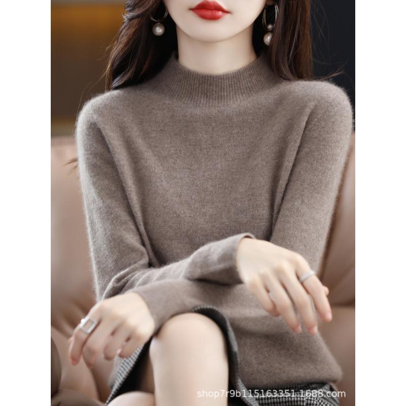 Autumn and winter new pure wool sweater women's semi-turtleneck first-line ready-to-wear wool sweater knitted sweater loose and thin bottoming shirt